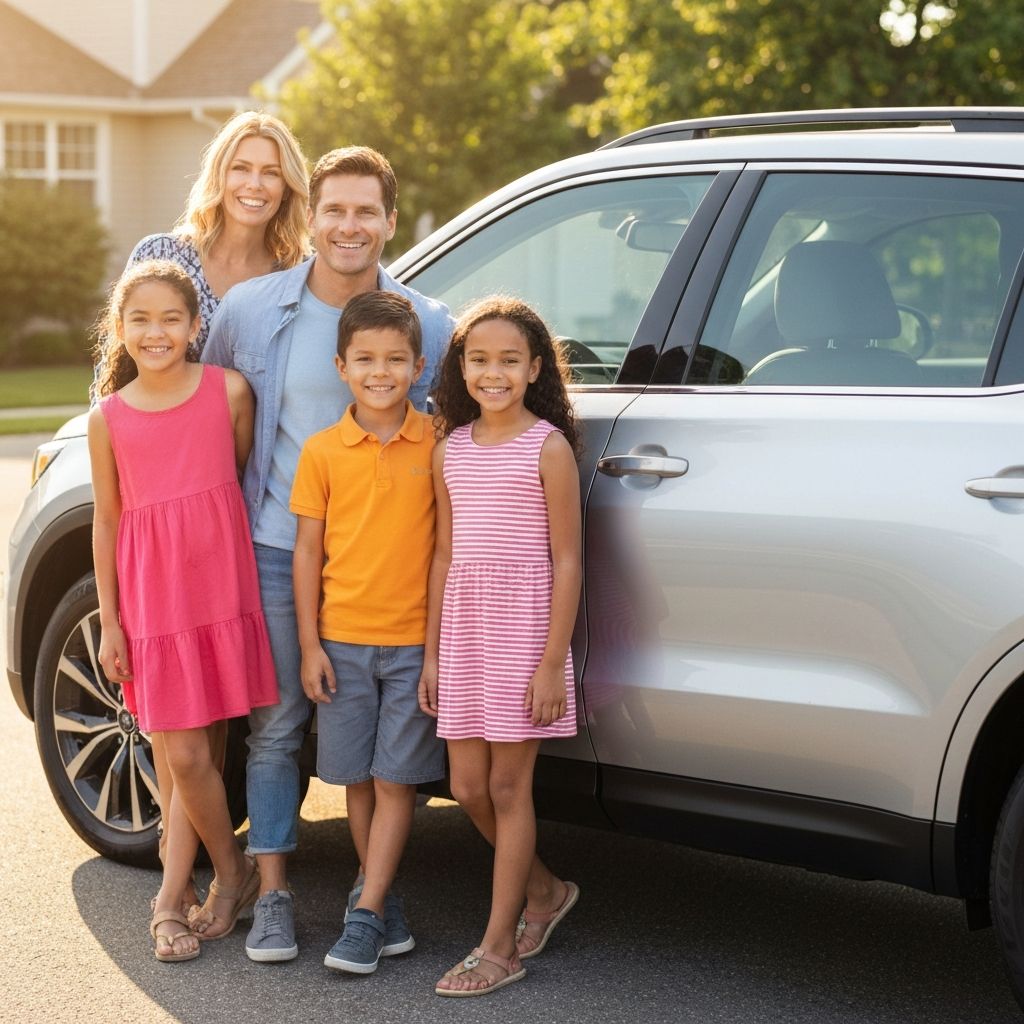 Happy smiling family standing by their car
